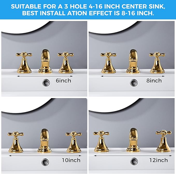 Gold Bathroom Faucet Vintage Widespread Faucets 3-Hole Sink Faucet with Drain Assembly Solid Brass Drip-Free Ceramic Cartridge Adjustable 8-16 Inch Installation