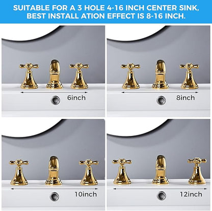 Gold Bathroom Faucet Vintage Widespread Faucets 3-Hole Sink Faucet with Drain Assembly Solid Brass Drip-Free Ceramic Cartridge Adjustable 8-16 Inch Installation