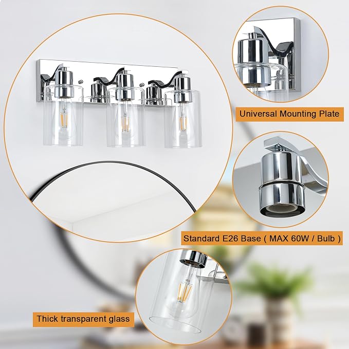 3 Lights Bathroom Light Fixtures Chrome Vanity Light with Clear Glass Shade 18in Modern Bathroom Lighting Fixtures Over Mirror for Bedroom/Living Room