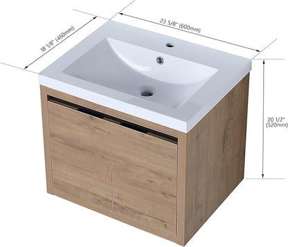 24 Inch Bathroom Vanity with Sink, Modern Floating Single Sink Bathroom Vanities Set, Wall-Mounted Bathroom Vanity, Soft Close Door (Oak, 18 * 24)