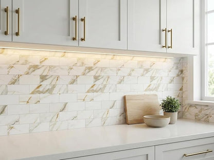 Yipscazo Peel and Stick backsplash 3 x 6 Inches 3D PVC Composite Wall Tile Stick on Backsplash Tile for Kitchen Bathroom, Laundry Room, Fireplace(Calar Gold, 160 Pieces)