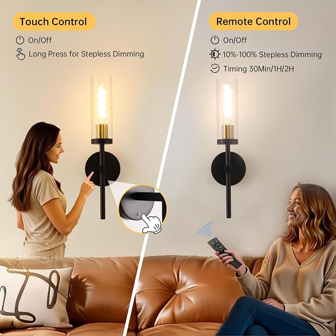 Shenmoyl Set of 2 Wall Sconces, 5200 mAh Battery Operated Wall Sconce with 3 Colors & Remote Control, Black Gold Rechargeable Wall Lamp with Clear Glass Shade for Bedroom, Bathroom, Stairwell, Hallway