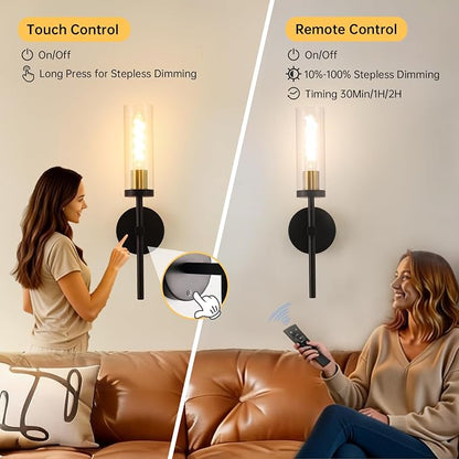 Shenmoyl Set of 2 Wall Sconces, 5200 mAh Battery Operated Wall Sconce with 3 Colors & Remote Control, Black Gold Rechargeable Wall Lamp with Clear Glass Shade for Bedroom, Bathroom, Stairwell, Hallway