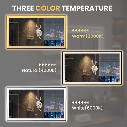 LOAAO 72"X40" LED Bathroom Mirror Black Framed | Anti-Fog, Dimmable, Memory Function, Tempered Glass, Lighted Vanity Mirror for Wall