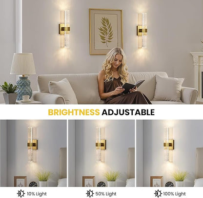 Wall Sconces Set of Two - Gold Sconces Wall Lighting 14W Dimmable LED Crystal Bathroom Light Fixture with Bubble Glass 15.7inch Indoor Vanity Lights for Bathroom Hallway Bedroom (2 Pack)