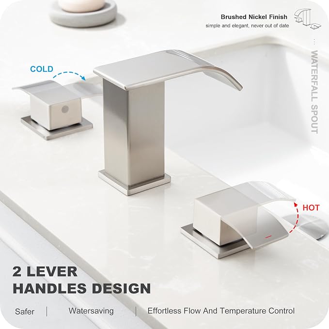 8 Inch Waterfall Bathroom Faucets 3 Hole - Brushed Nickel Widespread Bathroom Faucet with Pop-up Drain, Two Handles Bathroom Sink Faucet, Modern Vanity Sink faucets with Supply Lines