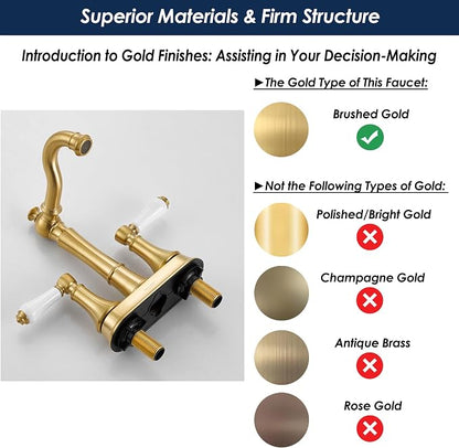 Porcelain 2-Handle Brushed Gold Bathroom Faucet 4 Inch Centerset | with Plastic Pop-up Drain and Two 23.6" Supply Lines, Classical Gold Bath Vanity Sink Faucets for 2/3-Hole Sinks, Brass Spout