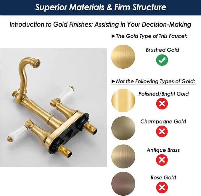 Porcelain 2-Handle Brushed Gold Bathroom Faucet 4 Inch Centerset | with Plastic Pop-up Drain, Classical Gold Bath Lavatory Vanity Faucets for 2/3 Hole Sinks, High Arc 360° Swivel Brass Spout