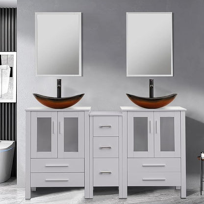 UEV 60" Double Sink Bathroom Vanity,Grey Bathroom Vanity with Double Side Vanity Cabinets & Removable 3 Drawer Storage Cabinet with Modern Vessel Sink,Mirror Not Included(029BR)