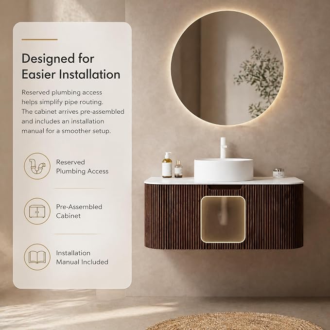 36 Inch Bathroom Vanity with Sink, Floating Wall Mounted Single Sink Vanity, Dark Walnut Curved Fluted Front, Stone Top, Pure White Round Vessel Basin, Pre-Assembled