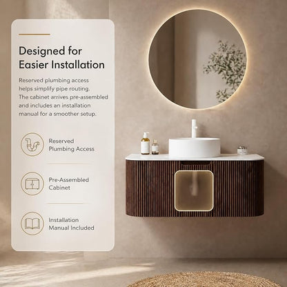 36 Inch Bathroom Vanity with Sink, Floating Wall Mounted Single Sink Vanity, Dark Walnut Curved Fluted Front, Stone Top, Pure White Round Vessel Basin, Pre-Assembled