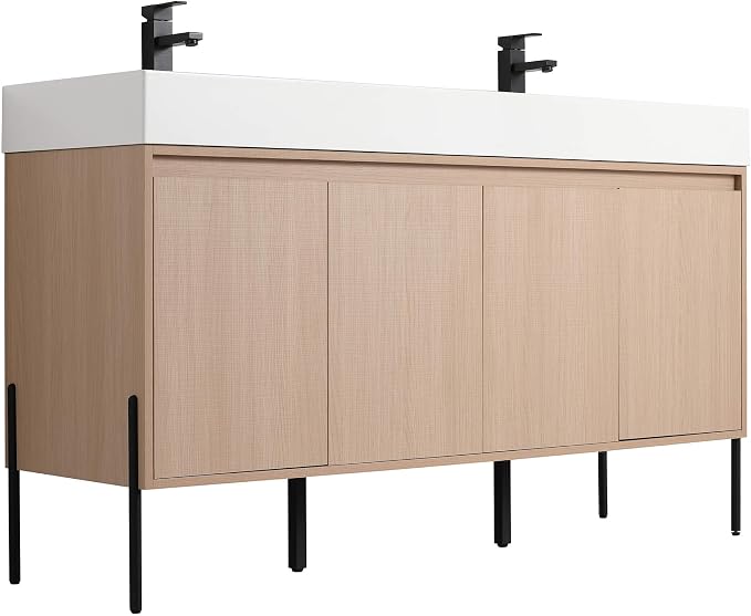 Crownpoint 60 Inch Bathroom Vanity with Sink, White Double Sink, White Oak Finish, Full Assembly Required, Elegant Bathroom Vanities for Modern Homes