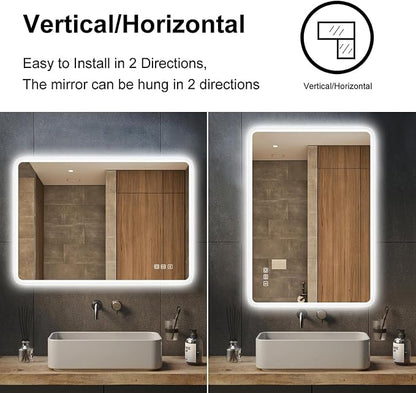 S'bagno 40"x28" LED Mirror for Bathroom, Bluetooth Speaker, Anti-Fog & Waterproof, Dimmable Wall Mirror with Touch Control, 3 Light Colors, Vertical or Horizontal, Ideal for Family Bathrooms