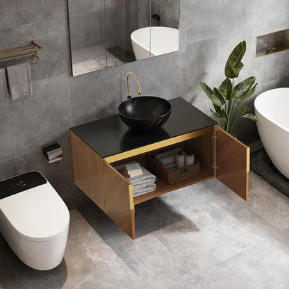 30" Floating Bathroom Vanity with Sink Combo, Modern Vanity with Vessel Sink, Wall-Mounted Plywood Bathroom Vanity Cabinet with Doors, Black Countertop and Round Basin,Brown Oak