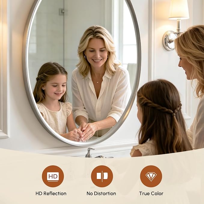 Brushed Nickel Oval Bathroom Mirror 24x36 Inch | Silver Vanity Mirror, Crystal-Clear HD Glass, Rust-Proof Aluminum Frame, Inner-Curved Decor for Bedroom, Entryway Renovation