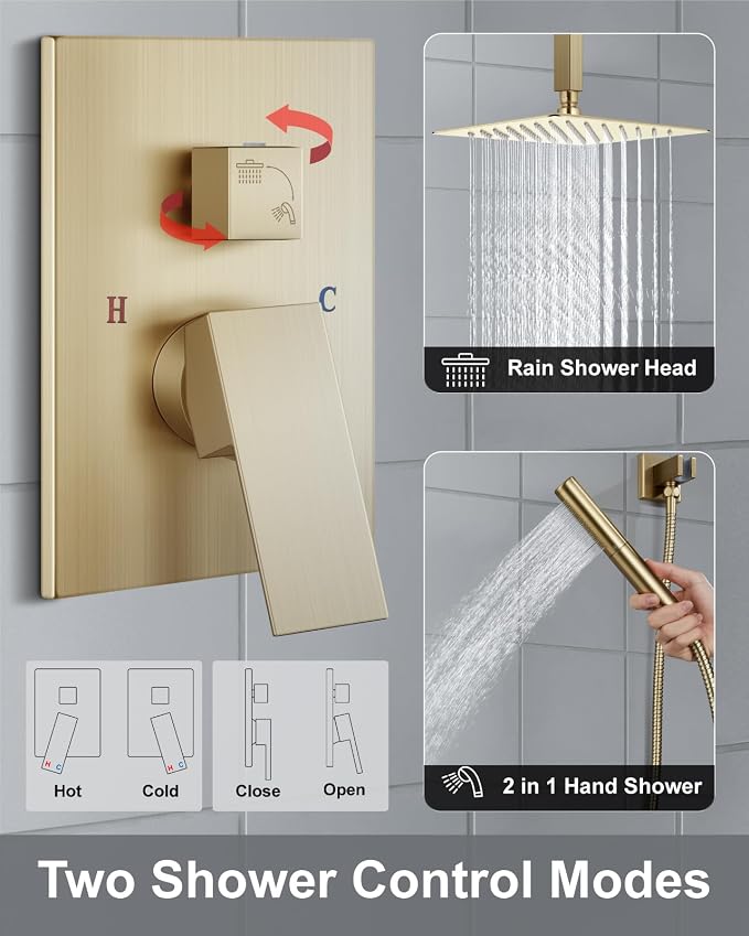 Aolemi Shower System with Rain Head and Handheld,10-Inch,Brushed Gold | High-Pressure Shower Faucet Set with Dual-Function Handheld,Rough-In Valve,1.8 GPM,Ceiling Mount Trim Kit