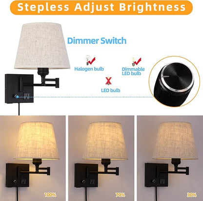 Bedside Wall Mount Light with Dimmable Switch and Outlet, Swing Arm Fabric Shade Wall Sconce Light with USB Port and Plug in Cord, Black Wall Lamp for Bedroom, Living Room and Hotel