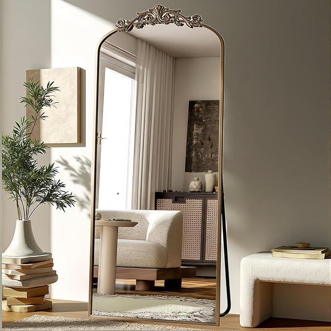 Dewfig Arched Full Length Mirror, 71"x28" Floor Mirror with Carved, Bronze | Antique Full Body Mirror, HD Shatterproof Tempered Glass, Lean/Stand/Wall for Bedroom, Living Room, Cloakroom, Home Decor