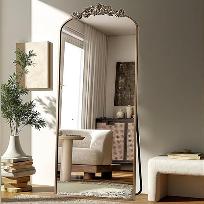 Dewfig Arched Full Length Mirror, 71"x28" Floor Mirror with Carved, Bronze | Antique Full Body Mirror, HD Shatterproof Tempered Glass, Lean/Stand/Wall for Bedroom, Living Room, Cloakroom, Home Decor