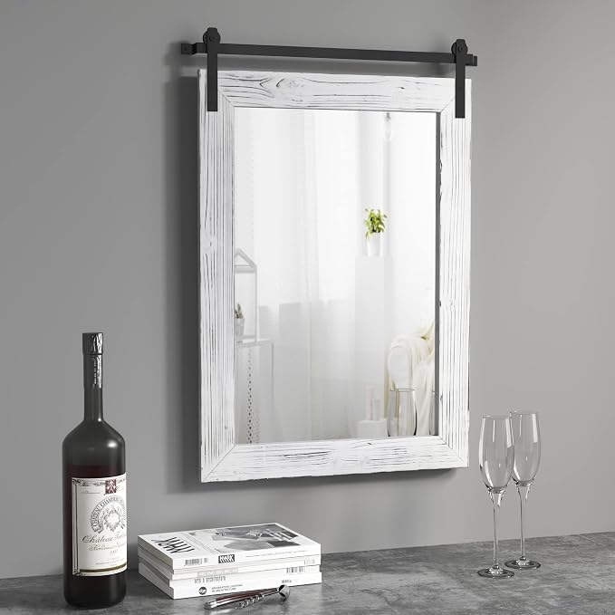 COGOOD Farmhouse Barn Door Mirror - 26 x 17 White | Rustic Wood Framed Vanity Mirror for Entryway, Living Room, Bedroom, Bathroom Wall Decor