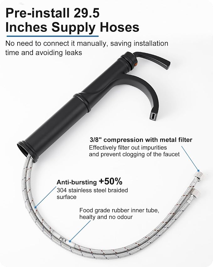 Waterfall Vessel Faucet, Tall Bathroom Faucet Black, Brass Vessel Sink Faucets Bathroom Sink Faucet One Hole Single Handle with Supply Hoses Pop-up Drain