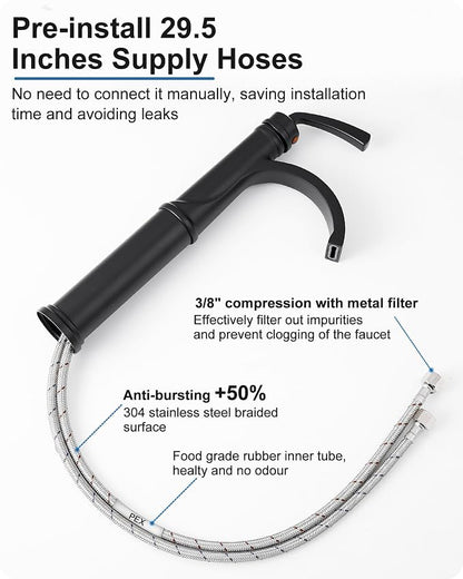 Waterfall Vessel Faucet, Tall Bathroom Faucet Black, Brass Vessel Sink Faucets Bathroom Sink Faucet One Hole Single Handle with Supply Hoses Pop-up Drain