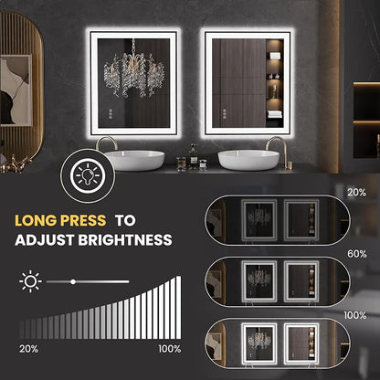 LOAAO 30"X36" LED Bathroom Mirror Black Framed | Anti-Fog, Dimmable, Memory Function, Tempered Glass, Lighted Vanity Mirror for Wall