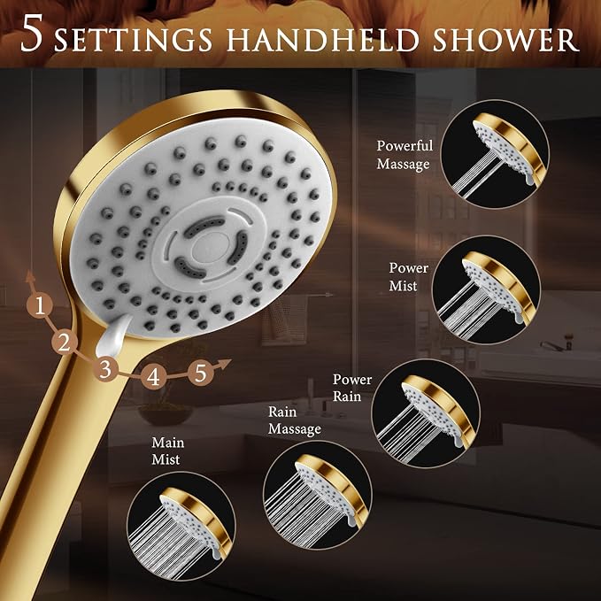 12'' Gold Shower Head with 11'' Extension Arm and 5 Setting Handheld shower | High Pressure Rainfall Shower Head Combo with Handheld, High Pressure Rain Showerhead with 60 Inch Shower Hose. Anti-Leak