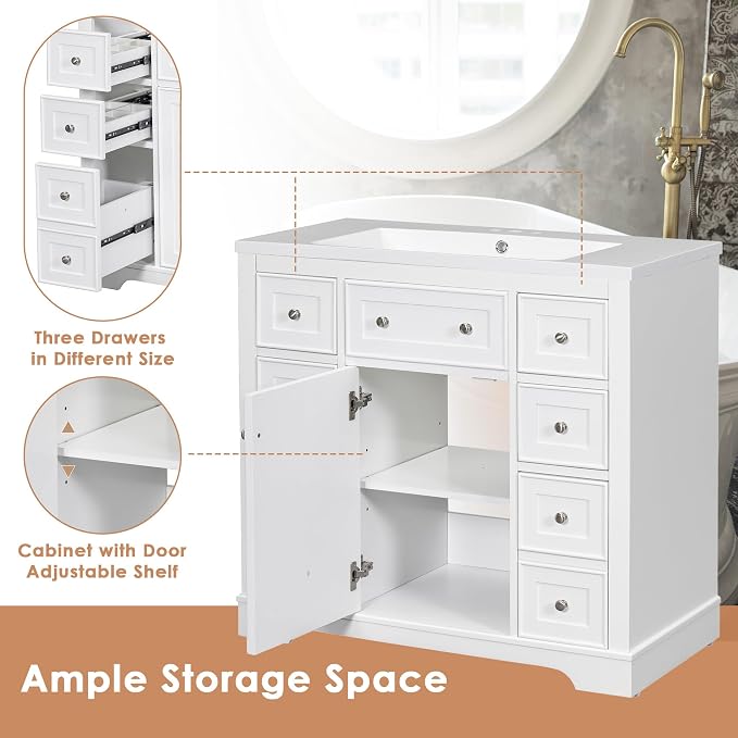 36" Bathroom Vanity Without Sink, Base Only,One Cabinets and Six Drawers,Wood Set Frame W/Adjustable Shelf,Water, Stain Proof,White