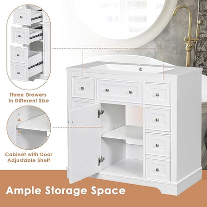 36" Bathroom Vanity Without Sink, Base Only,One Cabinets and Six Drawers,Wood Set Frame W/Adjustable Shelf,Water, Stain Proof,White