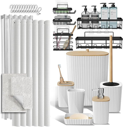 Clara Clark Bathroom Accessories Set - 27PC Bathroom Set with Adhesive Corner Shower Caddy Hanging, Bathroom Sets with Shower Curtain and Rugs, White Shower Curtain Set with Bathroom Trash Can | 27 Piece Bathroom Sets with Shower Curtain and Rugs with ...