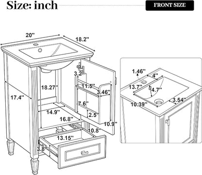 Merax 20 Inch Small Bathroom Vanity with Sink, Vanity Cabinet with Bottom Drawer and Door Rack Organizer, Adjustable Shelf, Grey