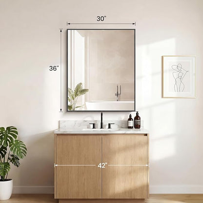 NEWBULIG Bathroom Wall Mirror, Vanity Mirror, 30x36 Inch | Rectangle Metal Frame, Tempered Glass, Over Sink Entryway, Living Room Hang, Anti-Rust, Black