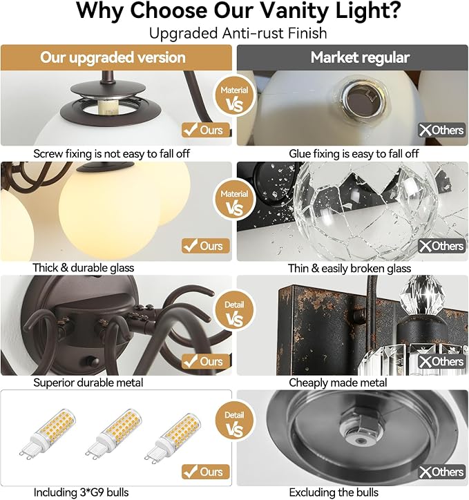 4 Lights Vintage Bathroom Vanity Light Fixtures Over Mirror, Oil Rubbed Bronze Vanity Lights For Bathroom With Milk Glass Globe Shade, Wall Lights For Bedroom, Hallway, Dressing Table(G9 Incl.)