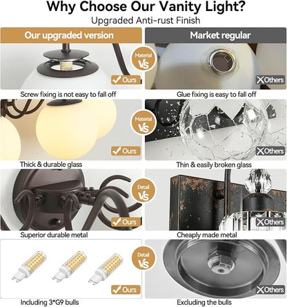 4 Lights Vintage Bathroom Vanity Light Fixtures Over Mirror, Oil Rubbed Bronze Vanity Lights For Bathroom With Milk Glass Globe Shade, Wall Lights For Bedroom, Hallway, Dressing Table(G9 Incl.)