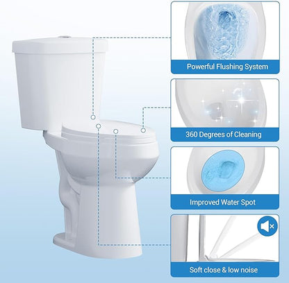 Two-Piece Toilets for Bathrooms, Comfort ADA Height 19", Elongated with Soft Close Seat, Power Flush 1.28 GPF