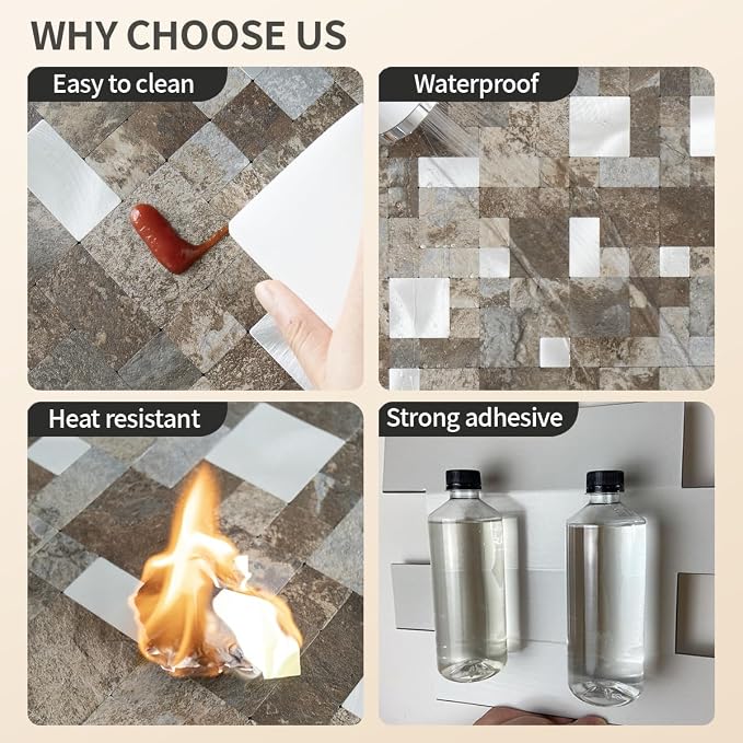 DICOFUN 12" x 12" Square Mosaic Peel and Stick Tile Backsplash, Mixed Metal Silver Stick on Wall Kitchen and Bathroom Tiles, Stick on Backsplash for Stove (10, Beige & Brown Slate)