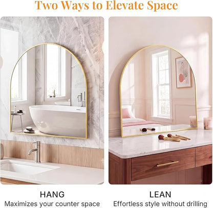 Sweetcrispy 31"x32" Arched Bathroom Mirror, Bathroom Mirrors for Over Sink | Modern Wall Mirrors Arch Decorative for Entryway, Bedroom, Vanity,Horizontal or Vertical Hanging, Gold