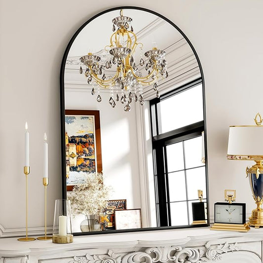 30x38 Inch Arched Bathroom Mirror - Black Metal Frame Wall Mounted Vanity Mirror for Bathroom, Bedroom, Living Room, Hanging or Leaning Decorative Mirror