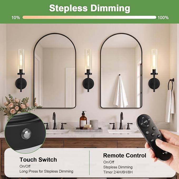 MOKATNG Battery Operated Wall Sconce Set of 2，Black Wireless Rechargeable Wall Lighting Fixtures with Remote Control，Dimmable Wall Light for Bathroom ，Vanity, Living Room, Bedroom, Hallway, Stairway