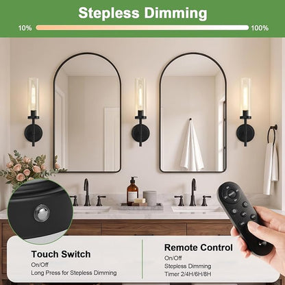 MOKATNG Battery Operated Wall Sconce Set of 2，Black Wireless Rechargeable Wall Lighting Fixtures with Remote Control，Dimmable Wall Light for Bathroom ，Vanity, Living Room, Bedroom, Hallway, Stairway