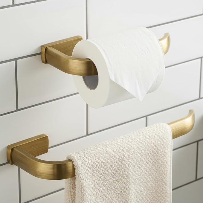 Flybath 2PC Set Toilet Paper Holder and Towel Holder Brushed Brass Antique | Rust-proof, Sturdy, Vintage Gold Hand Towel Ring Bar Rod Rack, Retro Loo Roll Holder Stand, Bathroom Accessories Wall Mount