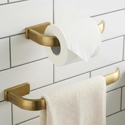 Flybath 2PC Set Toilet Paper Holder and Towel Holder Brushed Brass Antique | Rust-proof, Sturdy, Vintage Gold Hand Towel Ring Bar Rod Rack, Retro Loo Roll Holder Stand, Bathroom Accessories Wall Mount