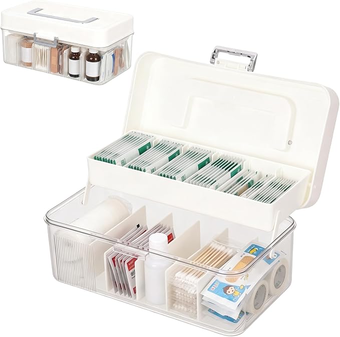 Rainmae 2 Tiers Bandage Organizer with Lid and Adjustable Dividers First Aid Tapes and Bandage Storage Container for Bathroom Medicine Cabinet, Home Office, USB Cables, Medical Elastic Wrap
