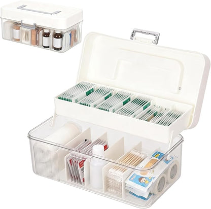 Rainmae 2 Tiers Bandage Organizer with Lid and Adjustable Dividers First Aid Tapes and Bandage Storage Container for Bathroom Medicine Cabinet, Home Office, USB Cables, Medical Elastic Wrap