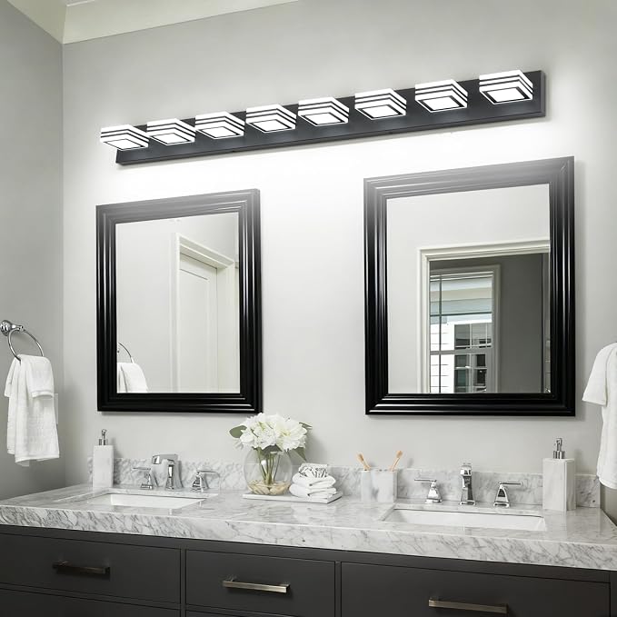 SOLFART 52inch Black Vanity Lights Fixtures - 8 Lights LED Modern Acrylic Matte Black Vanity Lights Bathroom Wall Lighting Over Mirror
