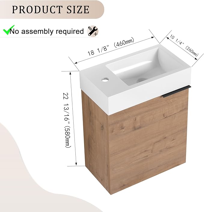 18" Small Floating Bathroom Vanity with Sink and Storage - Narrow Brown Vanity for Home