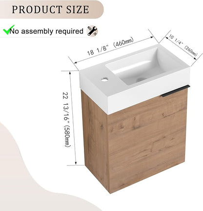 18" Small Floating Bathroom Vanity with Sink and Storage - Narrow Brown Vanity for Home