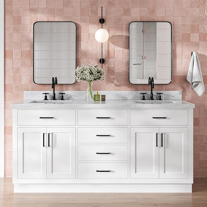 DKB Isabella 72 Inch Bathroom Vanity Double Sink — White Bathroom Vanity with Sink, 1.5" Edge Italian Carrara Marble Countertop & Backsplash, 4 Soft-Close Doors, 4 Dovetail Drawers, and 2 Tilt Drawers