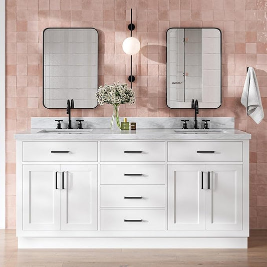 DKB Isabella 72 Inch Bathroom Vanity Double Sink — White Bathroom Vanity with Sink, 1.5" Edge Italian Carrara Marble Countertop & Backsplash, 4 Soft-Close Doors, 4 Dovetail Drawers, and 2 Tilt Drawers